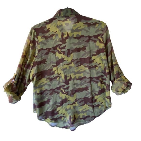 L.E.I  Camouflage Green Shirt Button-Up Roll Tab Sleeve Sheer Large Junior Fern‎ - Picture 2 of 10